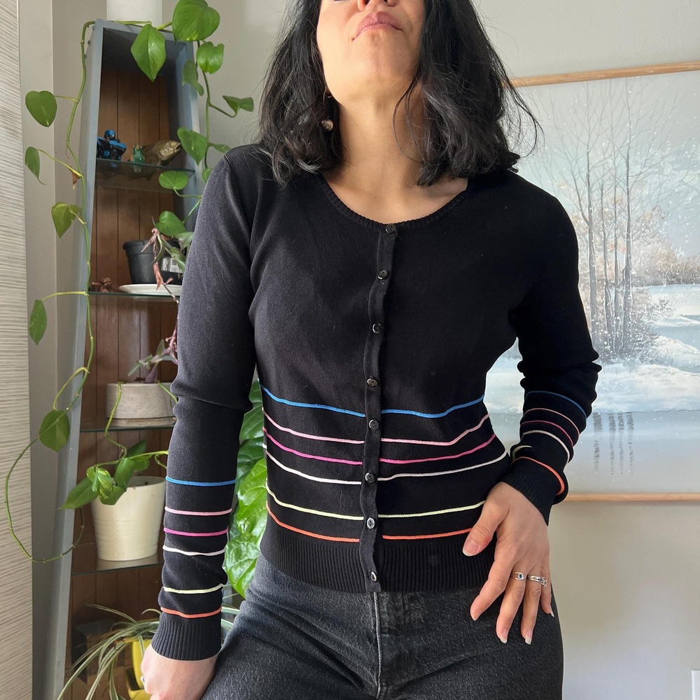 Vintage Cardigan Black Striped Detail Button Front Minimalist 90s Sweater Small